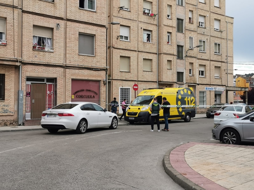 Un ambulancia de SOS Rioja, frente al edificio donde se ha producido el presunto parricidio.