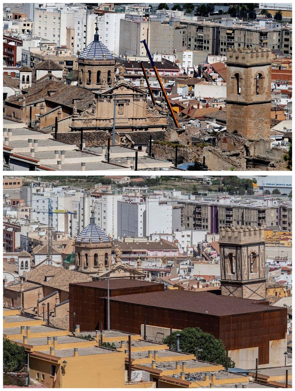 En la fotografía superior, la Colegiata de San Patricio (i) y de la iglesia de San Pedro (d). En la de abajo, cómo han quedado tras las obras. 