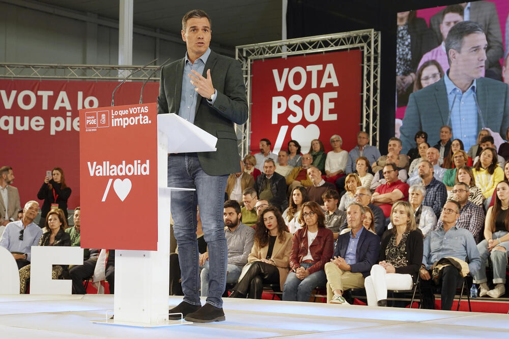 El secretario general del PSOE y presidente del Gobierno, Pedro Sánchez, este domingo durante un mitin del PSOE en Valladolid. 